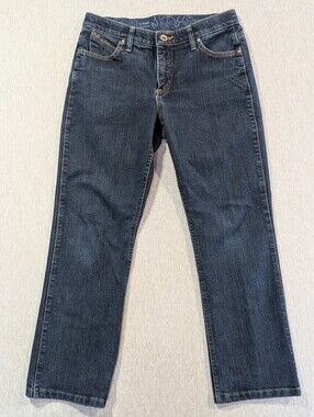 Wrangler Q-Baby Jeans Women's 9/10 X 34 Dark Wash Blue No Gap Waistband